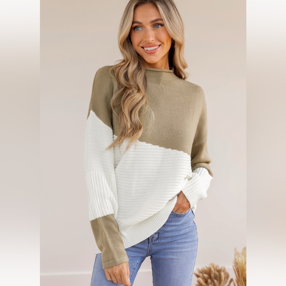 Ribbed Colorblock Mock Neck Sweater
